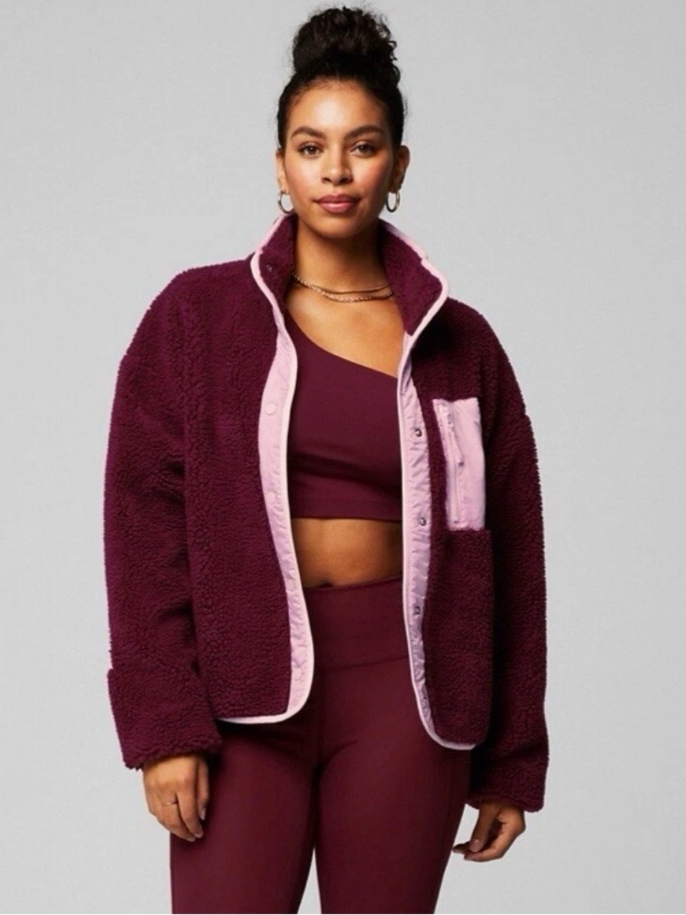 Fabletics Tahoe Teddy Jacket size XXS -SOLD OUT COLOUR Merlot and soft pink
